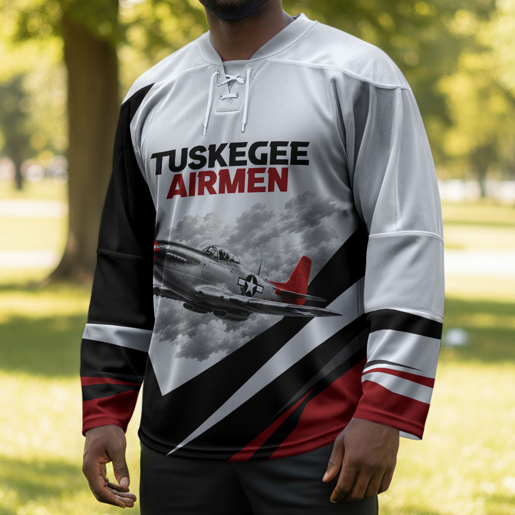 Personalized Tuskegee Airmen Hockey Jersey Red Tails P-51 Mustang WWII Aviation Never Quit