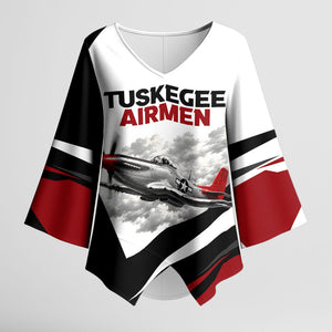 Personalized Tuskegee Airmen Kimono Sleeve Blouse Red Tails P-51 Mustang WWII Aviation Never Quit
