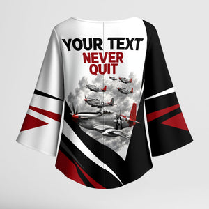Personalized Tuskegee Airmen Kimono Sleeve Blouse Red Tails P-51 Mustang WWII Aviation Never Quit