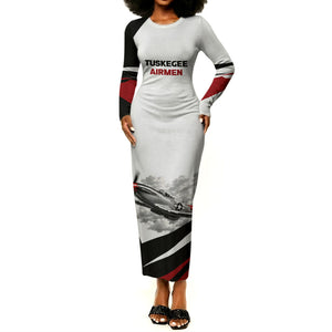 Personalized Tuskegee Airmen Long Sleeve Bodycon Dress Red Tails P-51 Mustang WWII Aviation Never Quit