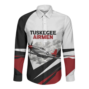Personalized Tuskegee Airmen Long Sleeve Button Shirt Red Tails P-51 Mustang WWII Aviation Never Quit
