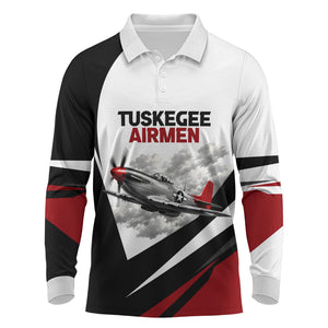 Personalized Tuskegee Airmen Long Sleeve Polo Shirt Red Tails P-51 Mustang WWII Aviation Never Quit