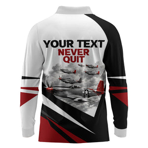 Personalized Tuskegee Airmen Long Sleeve Polo Shirt Red Tails P-51 Mustang WWII Aviation Never Quit