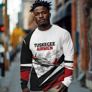 Personalized Tuskegee Airmen Long Sleeve Shirt Red Tails P-51 Mustang WWII Aviation Never Quit