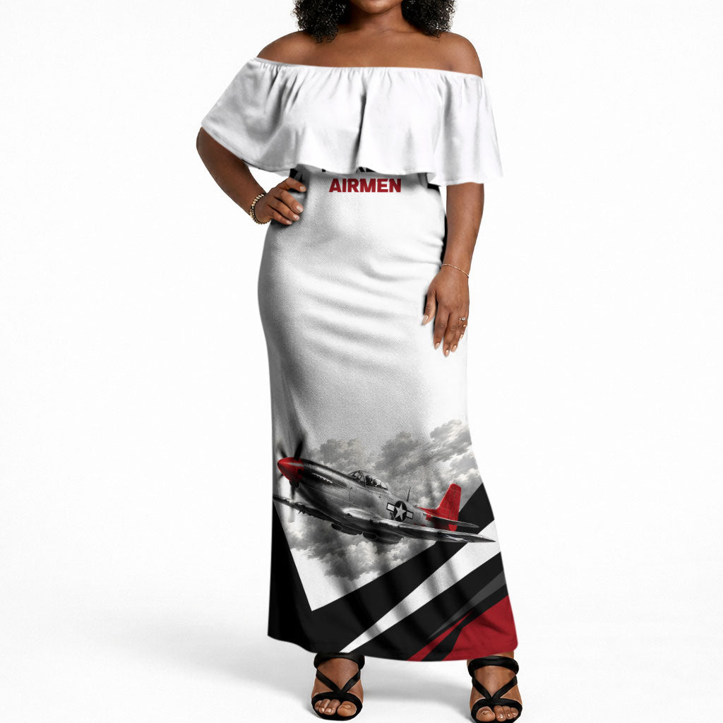 Personalized Tuskegee Airmen Off Shoulder Maxi Dress Red Tails P-51 Mustang WWII Aviation Never Quit