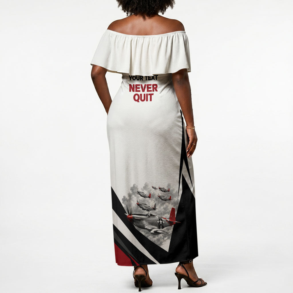 Personalized Tuskegee Airmen Off Shoulder Maxi Dress Red Tails P-51 Mustang WWII Aviation Never Quit