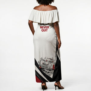 Personalized Tuskegee Airmen Off Shoulder Maxi Dress Red Tails P-51 Mustang WWII Aviation Never Quit