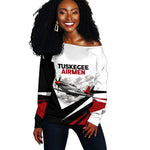 Personalized Tuskegee Airmen Off Shoulder Sweater Red Tails P-51 Mustang WWII Aviation Never Quit