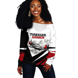 Personalized Tuskegee Airmen Off Shoulder Sweater Red Tails P-51 Mustang WWII Aviation Never Quit
