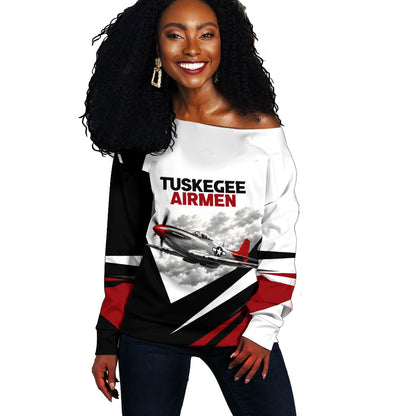 Personalized Tuskegee Airmen Off Shoulder Sweater Red Tails P-51 Mustang WWII Aviation Never Quit