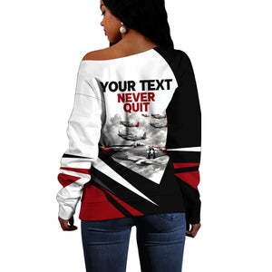 Personalized Tuskegee Airmen Off Shoulder Sweater Red Tails P-51 Mustang WWII Aviation Never Quit