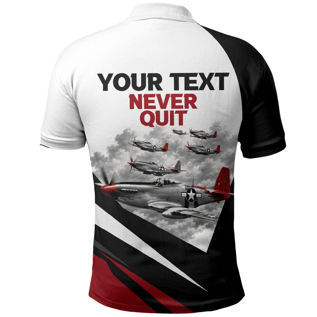 Personalized Tuskegee Airmen Polo Shirt Red Tails P-51 Mustang WWII Aviation Never Quit