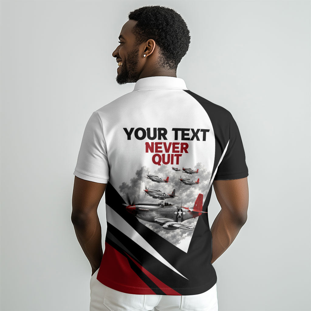 Personalized Tuskegee Airmen Polo Shirt Red Tails P-51 Mustang WWII Aviation Never Quit