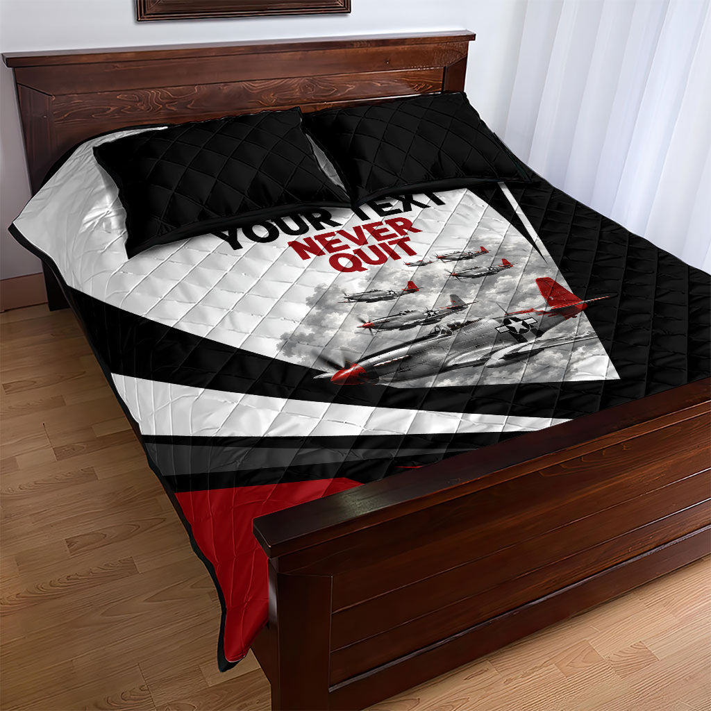 Personalized Tuskegee Airmen Quilt Bed Set Red Tails P-51 Mustang WWII Aviation Never Quit