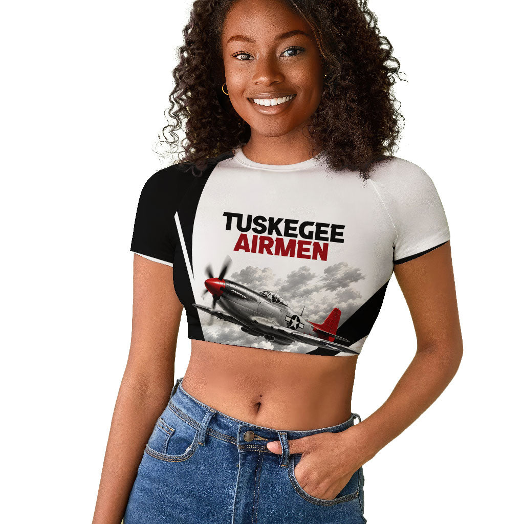 Personalized Tuskegee Airmen Raglan Cropped T shirt Red Tails P-51 Mustang WWII Aviation Never Quit