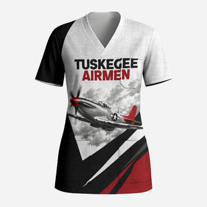 Personalized Tuskegee Airmen Scrub Top Red Tails P-51 Mustang WWII Aviation Never Quit