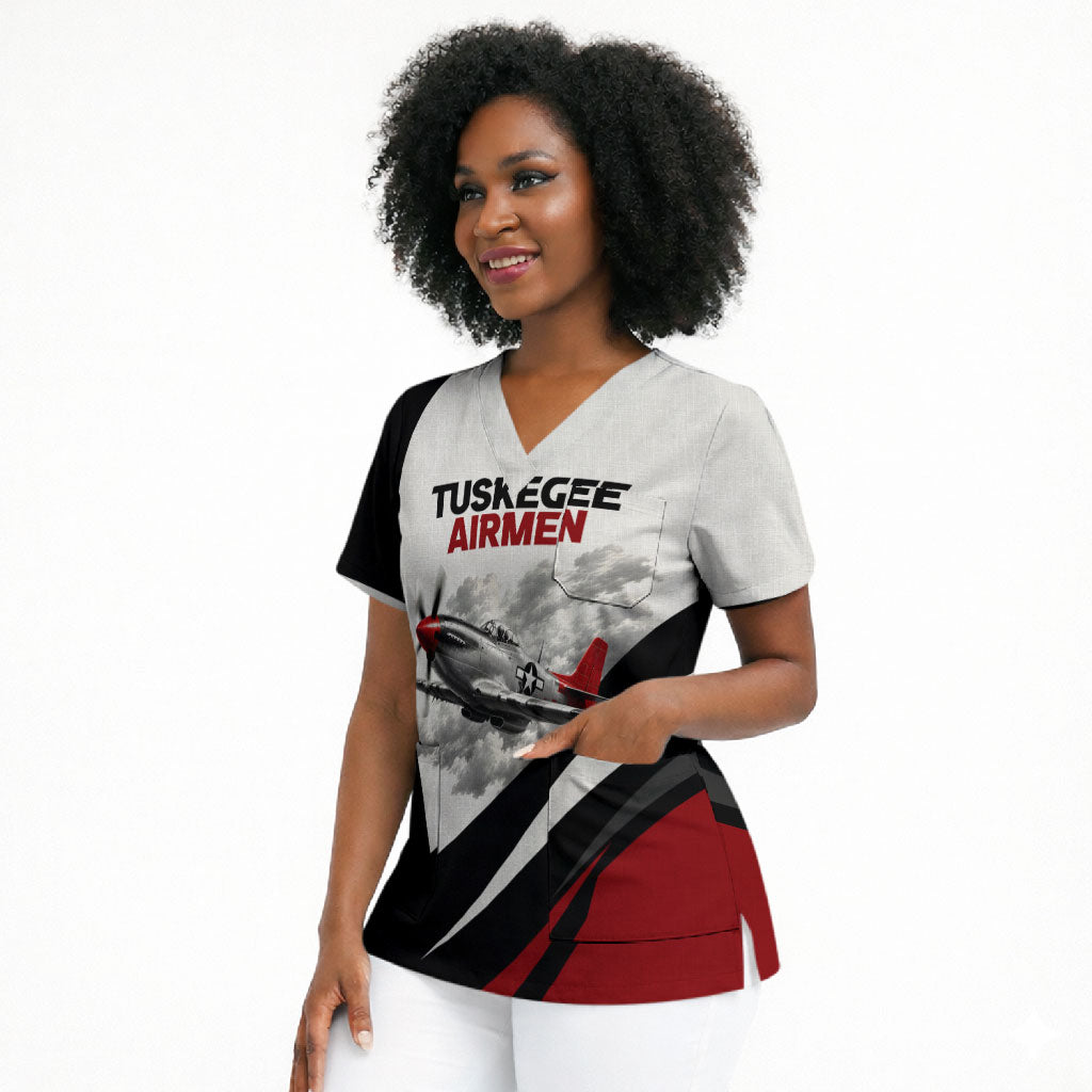 Personalized Tuskegee Airmen Scrub Top Red Tails P-51 Mustang WWII Aviation Never Quit