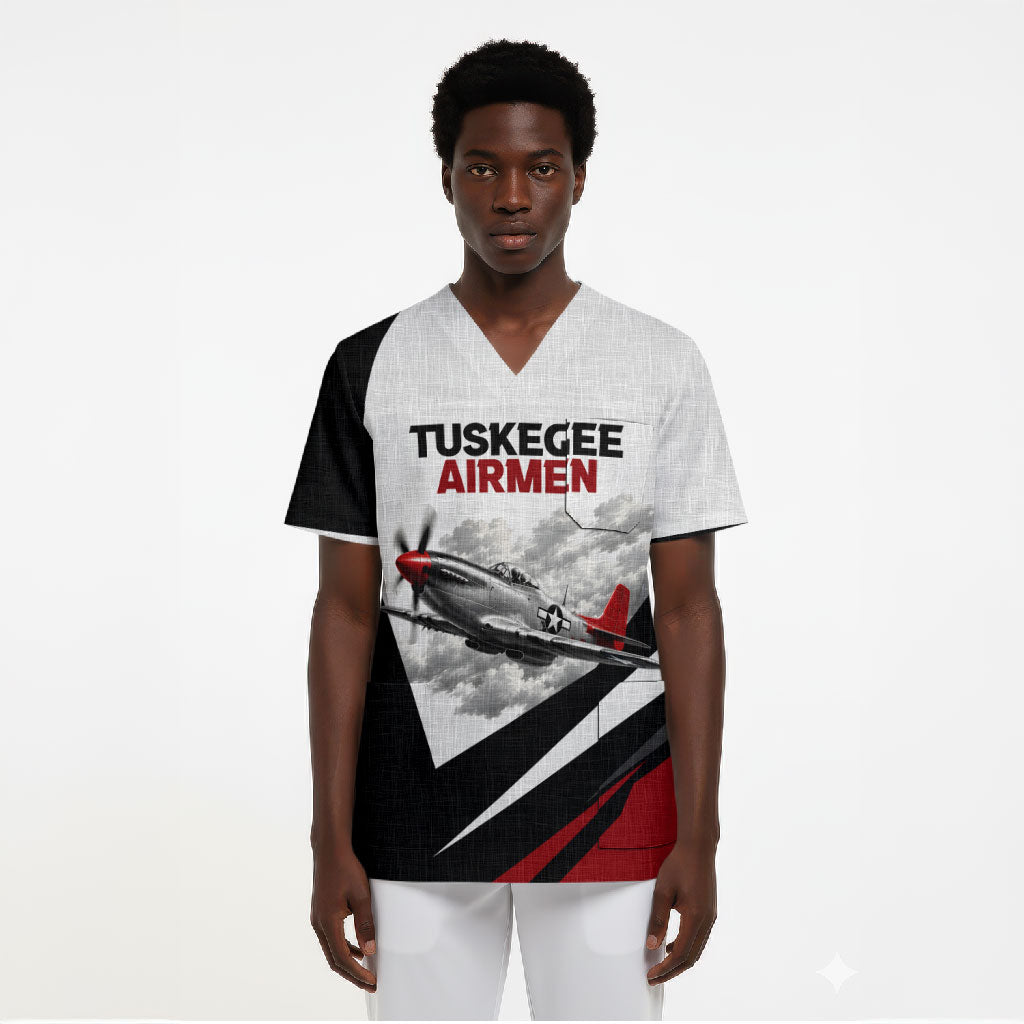 Personalized Tuskegee Airmen Scrub Top Red Tails P-51 Mustang WWII Aviation Never Quit