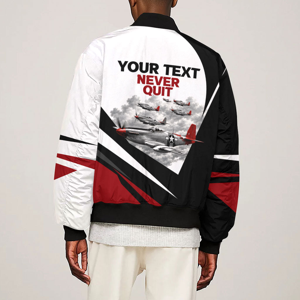 Personalized Tuskegee Airmen Sleeve Zip Bomber Jacket Red Tails P-51 Mustang WWII Aviation Never Quit