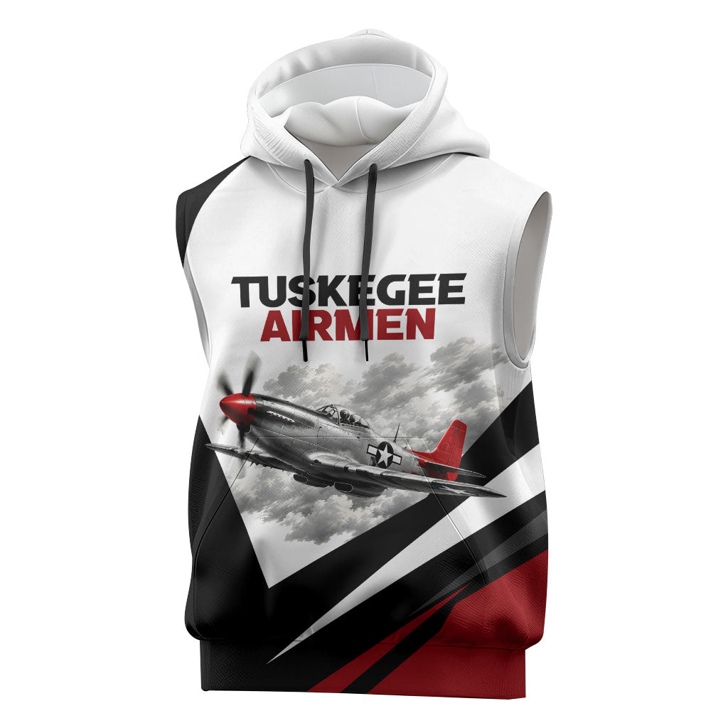 Personalized Tuskegee Airmen Sleeveless Hoodie Red Tails P-51 Mustang WWII Aviation Never Quit