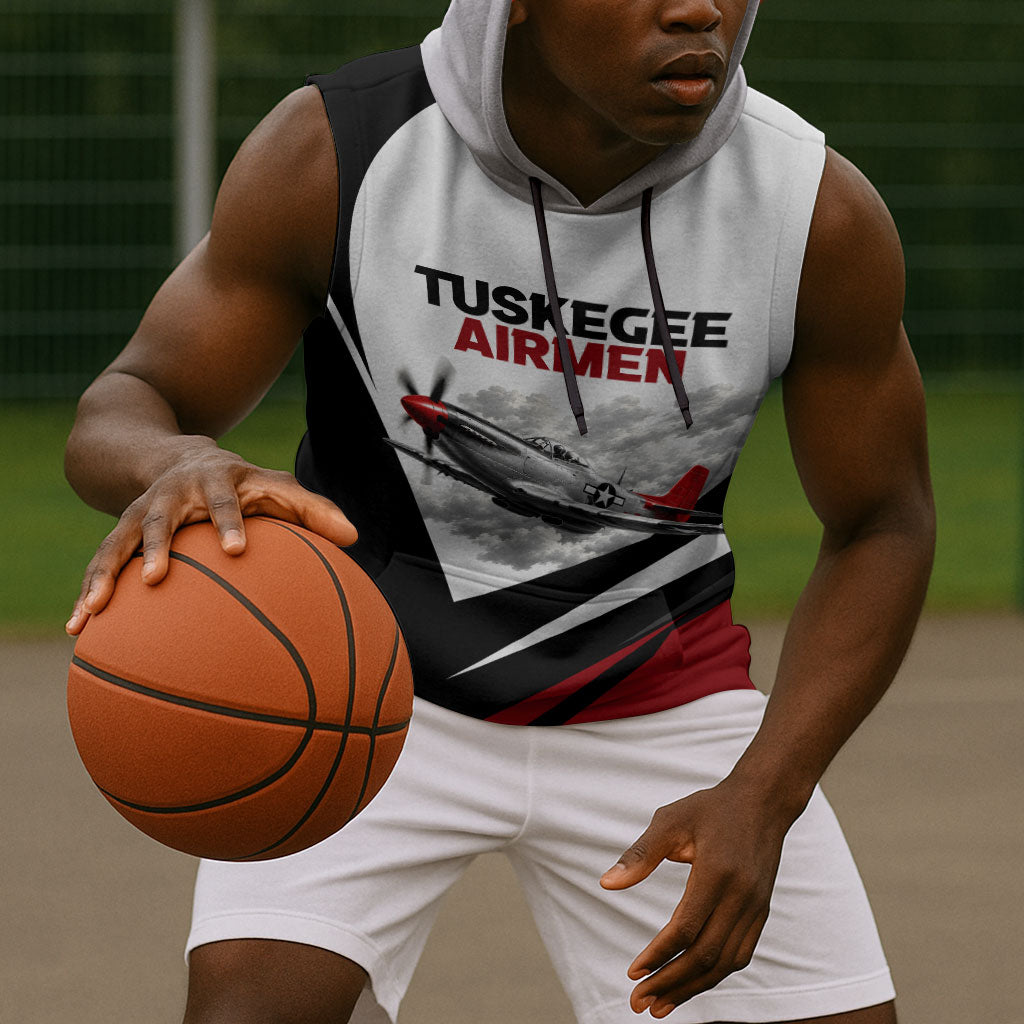Personalized Tuskegee Airmen Sleeveless Hoodie Red Tails P-51 Mustang WWII Aviation Never Quit