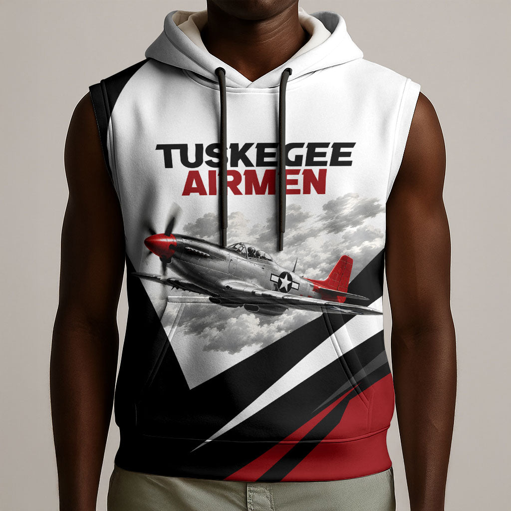 Personalized Tuskegee Airmen Sleeveless Hoodie Red Tails P-51 Mustang WWII Aviation Never Quit