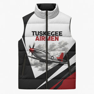 Personalized Tuskegee Airmen Sleeveless Puffer Jacket Red Tails P-51 Mustang WWII Aviation Never Quit