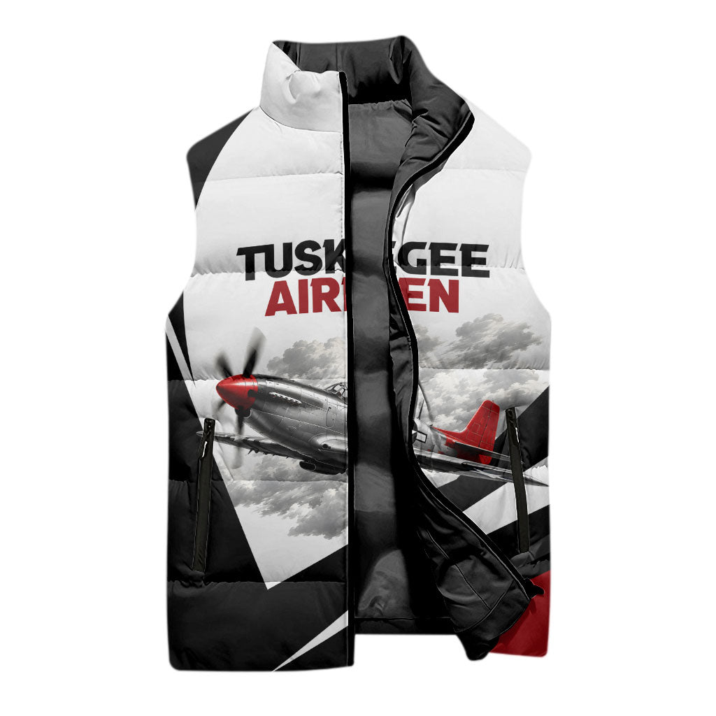 Personalized Tuskegee Airmen Sleeveless Puffer Jacket Red Tails P-51 Mustang WWII Aviation Never Quit