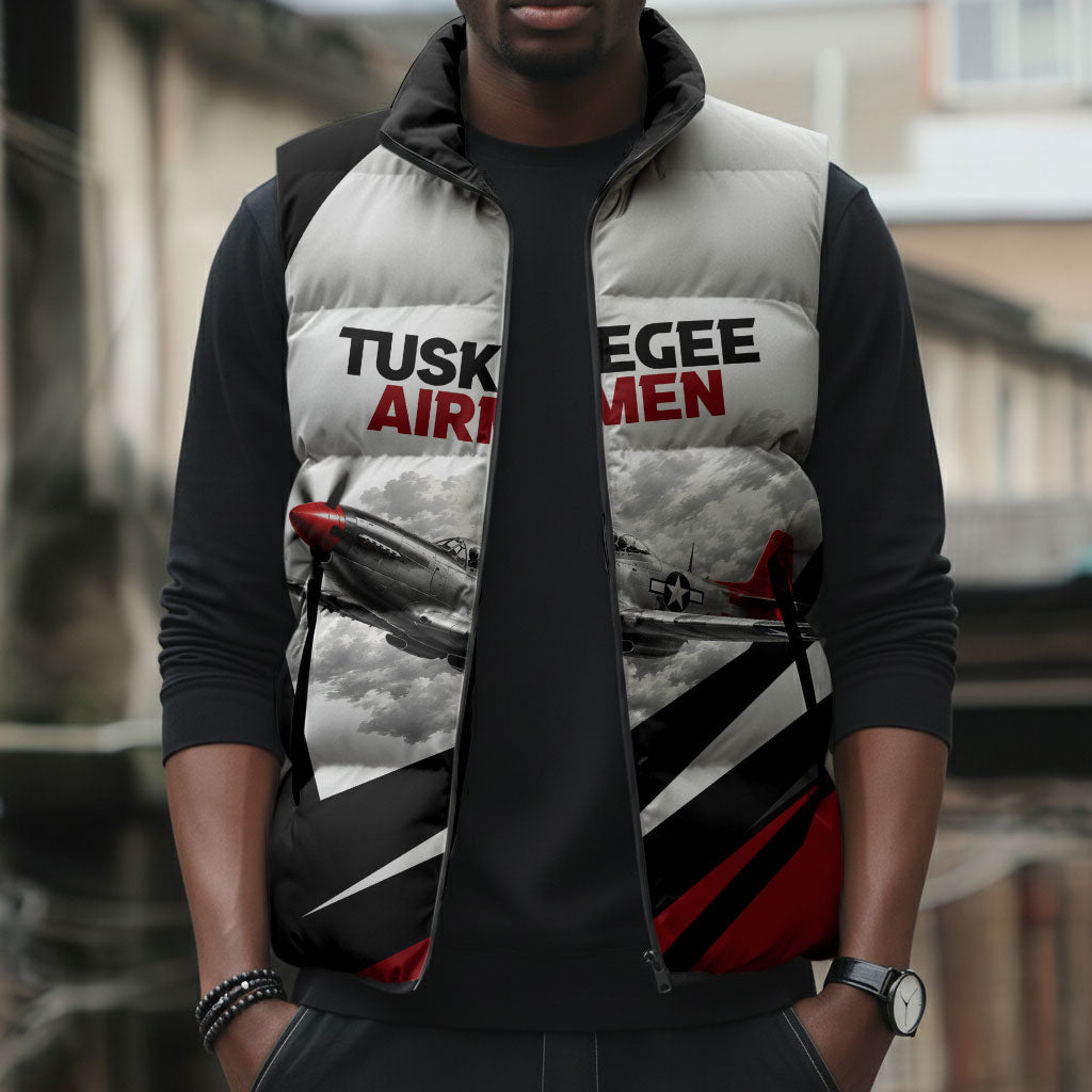 Personalized Tuskegee Airmen Sleeveless Puffer Jacket Red Tails P-51 Mustang WWII Aviation Never Quit