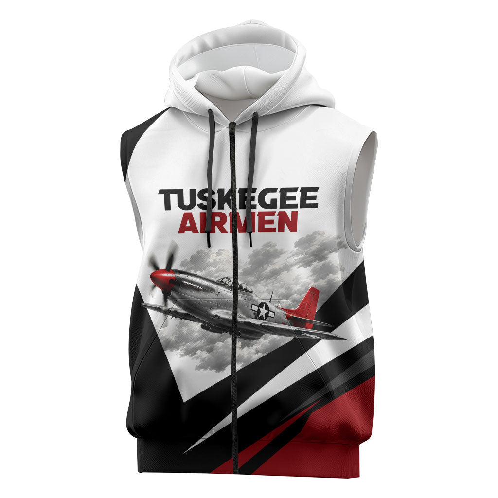 Personalized Tuskegee Airmen Sleeveless Zip Hoodie Red Tails P-51 Mustang WWII Aviation Never Quit