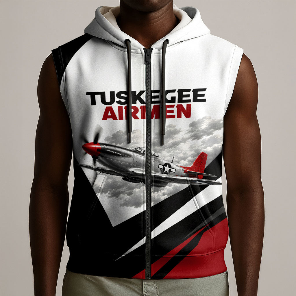 Personalized Tuskegee Airmen Sleeveless Zip Hoodie Red Tails P-51 Mustang WWII Aviation Never Quit