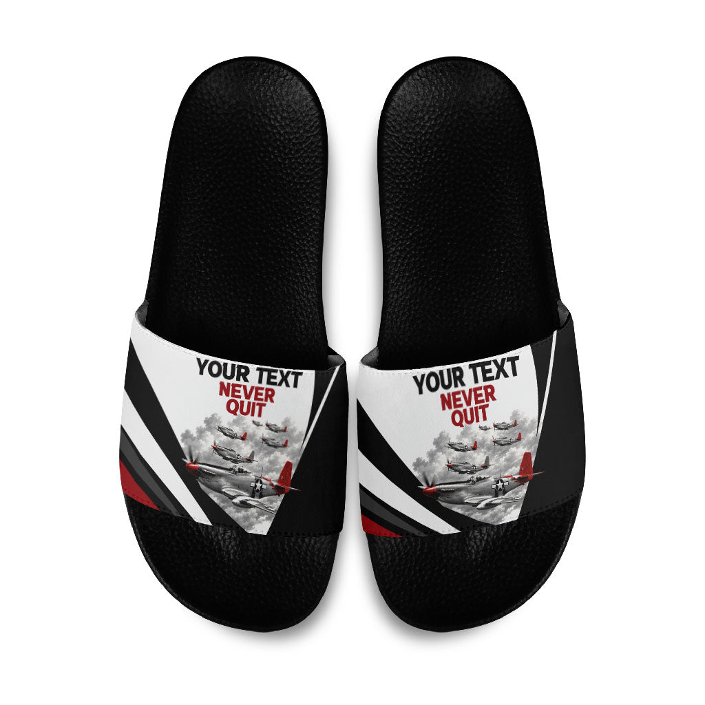 Personalized Tuskegee Airmen Slide Sandals Red Tails P-51 Mustang WWII Aviation Never Quit