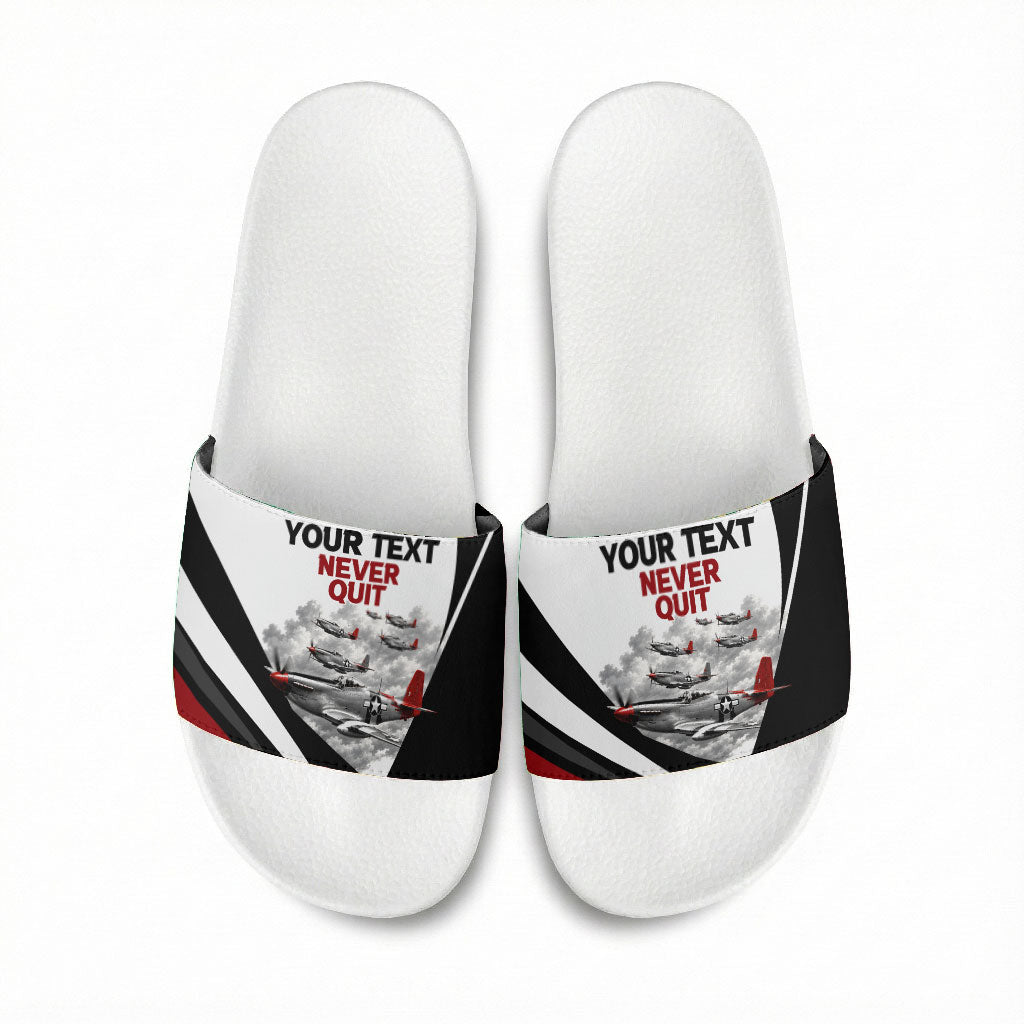 Personalized Tuskegee Airmen Slide Sandals Red Tails P-51 Mustang WWII Aviation Never Quit