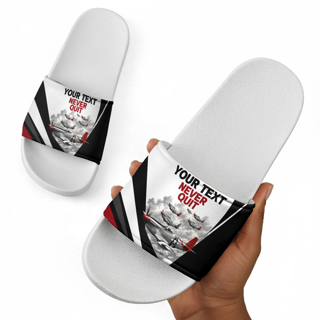 Personalized Tuskegee Airmen Slide Sandals Red Tails P-51 Mustang WWII Aviation Never Quit