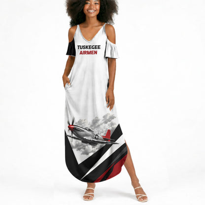 Personalized Tuskegee Airmen Summer Maxi Dress Red Tails P-51 Mustang WWII Aviation Never Quit