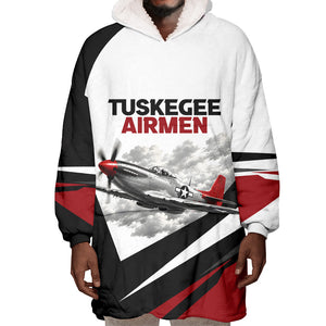 Personalized Tuskegee Airmen Wearable Blanket Hoodie Red Tails P-51 Mustang WWII Aviation Never Quit