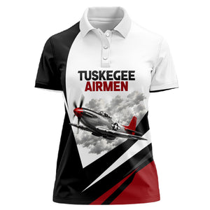 Personalized Tuskegee Airmen Women Polo Shirt Red Tails P-51 Mustang WWII Aviation Never Quit
