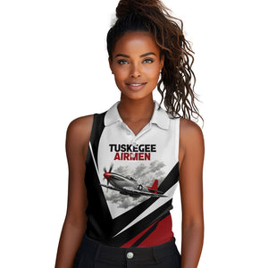Personalized Tuskegee Airmen Women Sleeveless Polo Shirt Red Tails P-51 Mustang WWII Aviation Never Quit