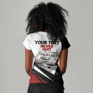 Personalized Tuskegee Airmen Women V-Neck T-Shirt Red Tails P-51 Mustang WWII Aviation Never Quit