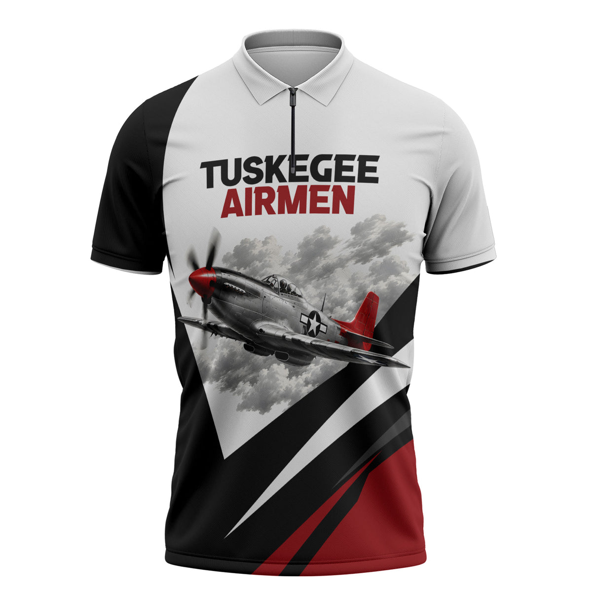 Personalized Tuskegee Airmen Zipper Polo Shirt Red Tails P-51 Mustang WWII Aviation Never Quit