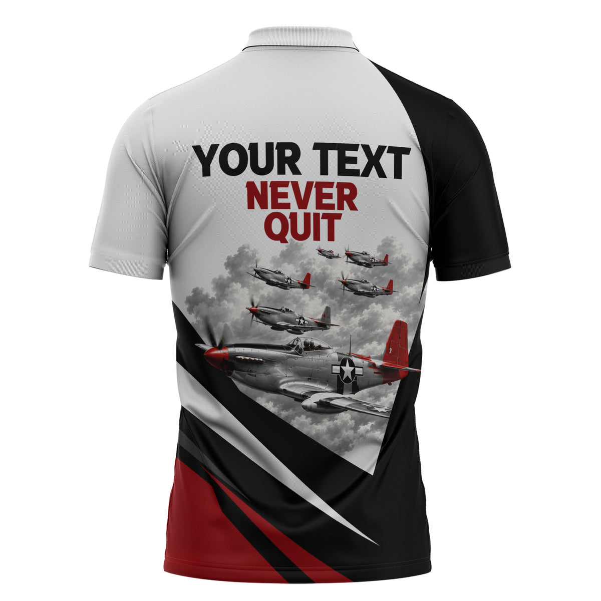 Personalized Tuskegee Airmen Zipper Polo Shirt Red Tails P-51 Mustang WWII Aviation Never Quit