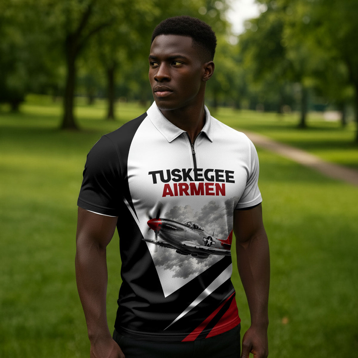 Personalized Tuskegee Airmen Zipper Polo Shirt Red Tails P-51 Mustang WWII Aviation Never Quit