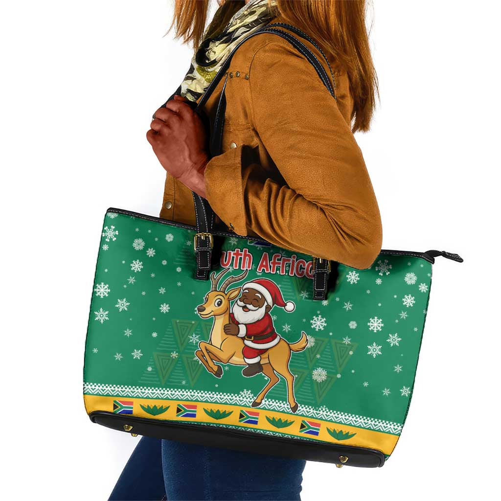 South Africa Christmas Leather Tote Bag Santa Reindeer and Africa Map - African Pride