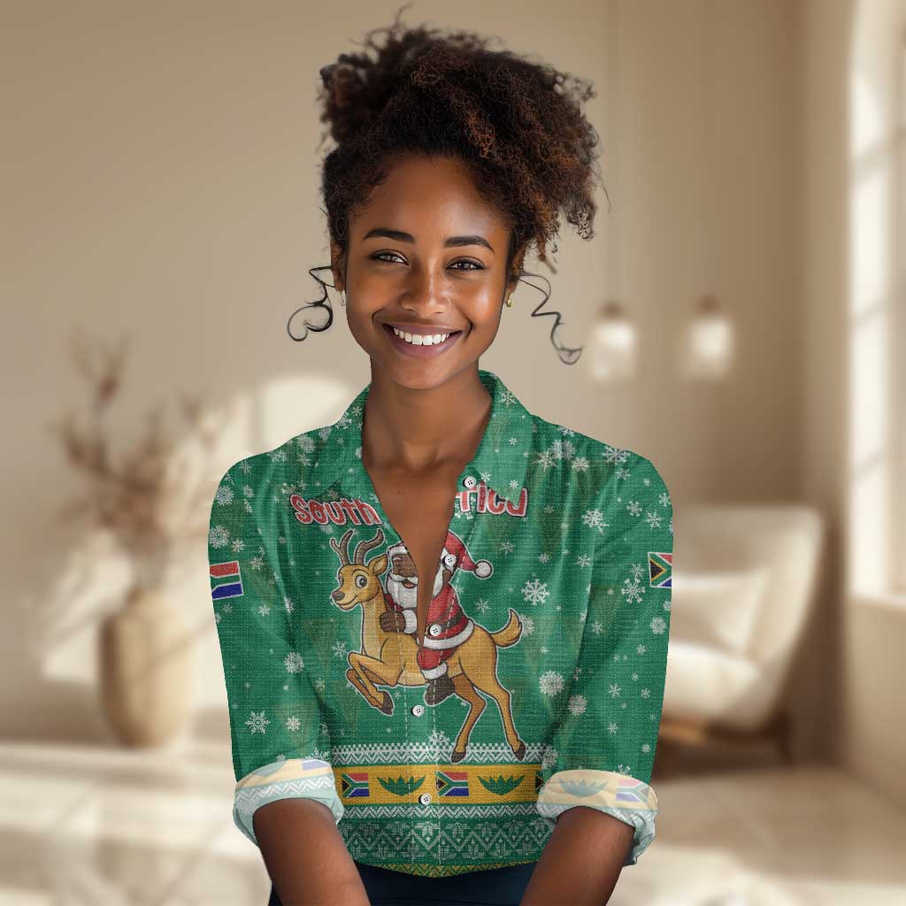 South Africa Christmas Women Casual Shirt Santa Reindeer and Africa Map - African Pride