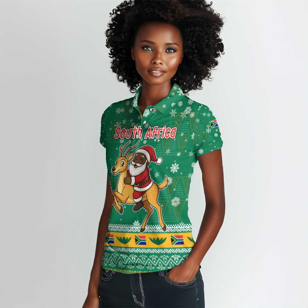 South Africa Christmas Women Polo Shirt Santa Reindeer and Africa Map - African Pride