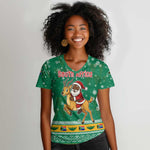 South Africa Christmas Women V-Neck T-Shirt Santa Reindeer and Africa Map - African Pride