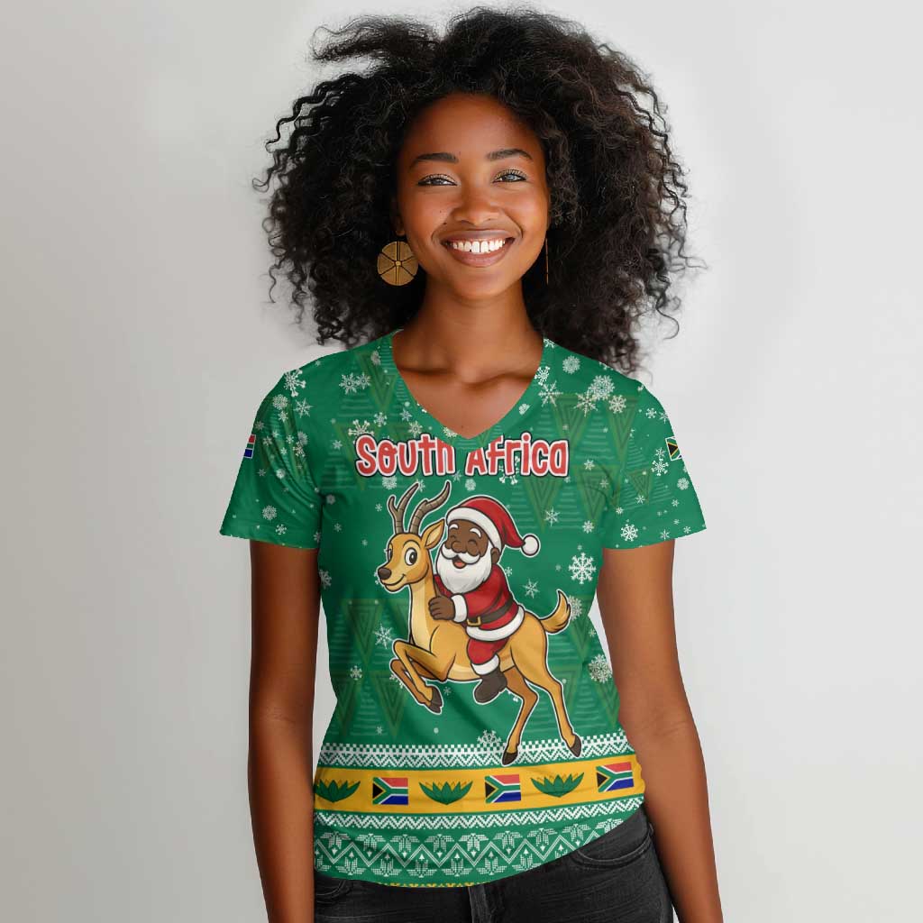 South Africa Christmas Women V-Neck T-Shirt Santa Reindeer and Africa Map - African Pride