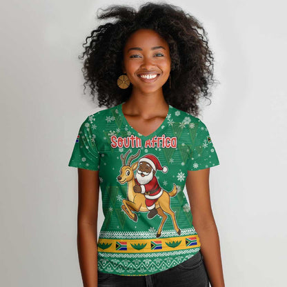 South Africa Christmas Women V-Neck T-Shirt Santa Reindeer and Africa Map - African Pride