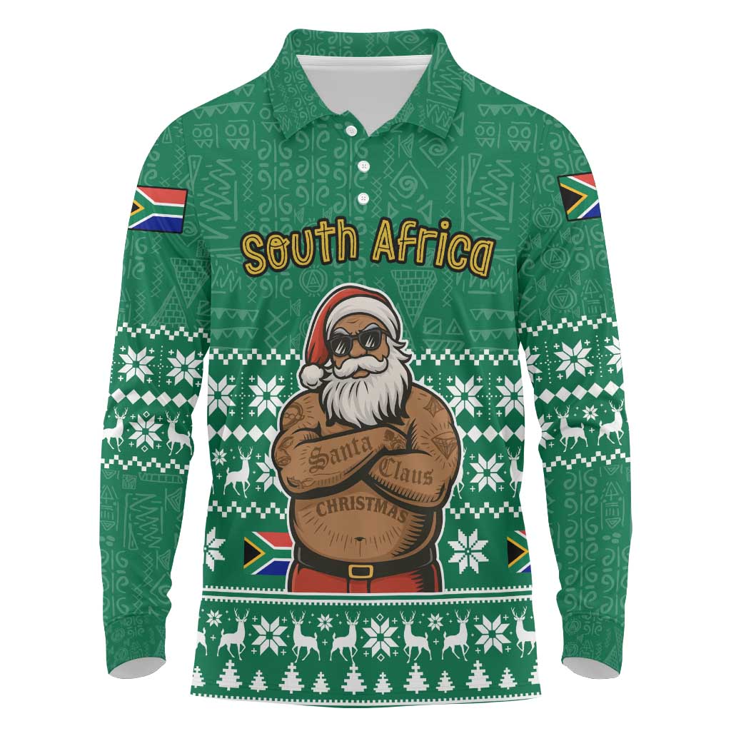 South Africa Christmas Long Sleeve Polo Shirt Christmas Santa Claus Tattoo - African Pride