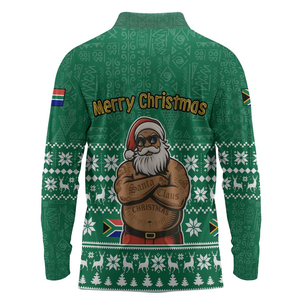 South Africa Christmas Long Sleeve Polo Shirt Christmas Santa Claus Tattoo - African Pride